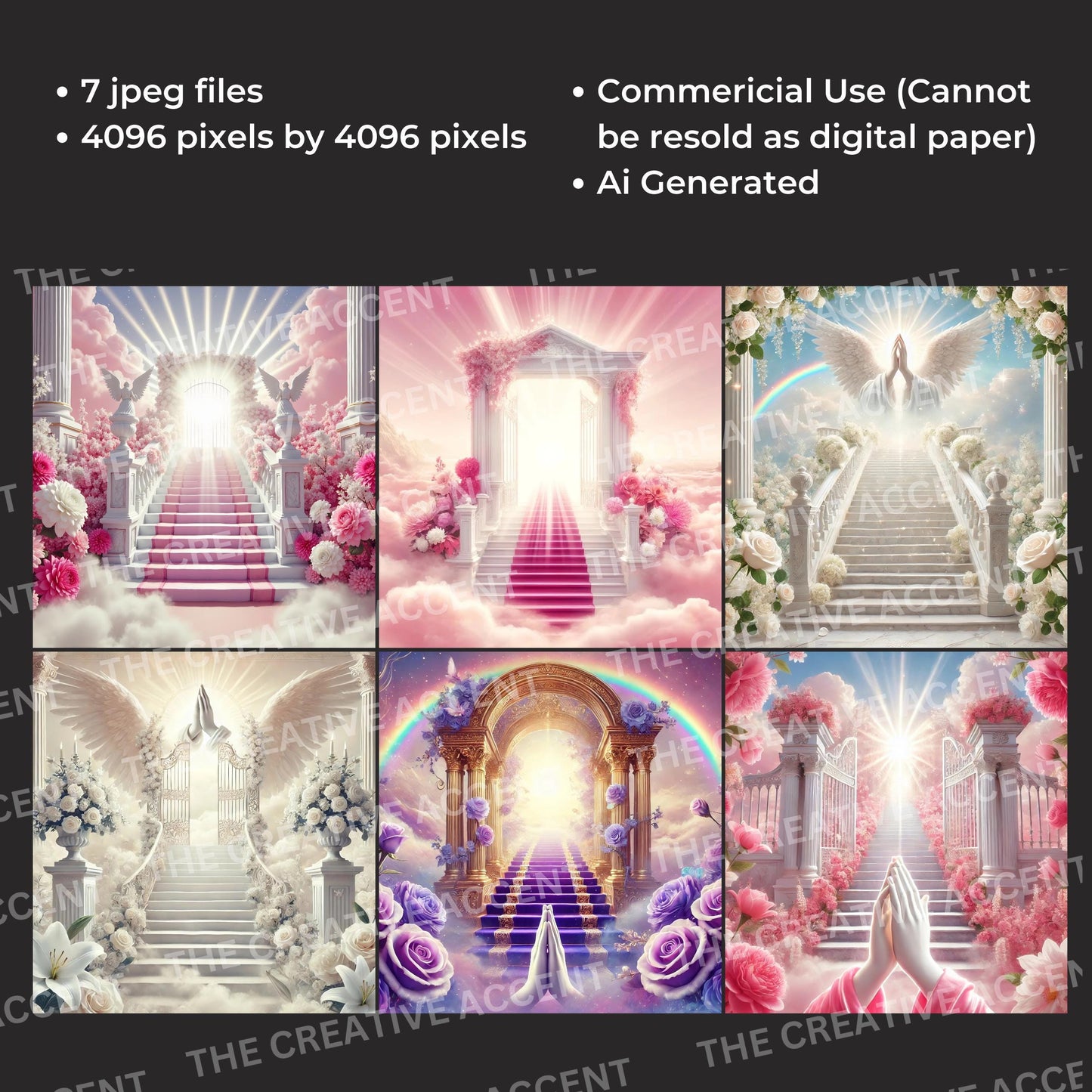 Prayer Heaven Backgrounds, 7 JPEG, Staircase Roses, Sun Clouds, Religious Christian Funeral Flyer Memorial Service Digital Scripture Quotes