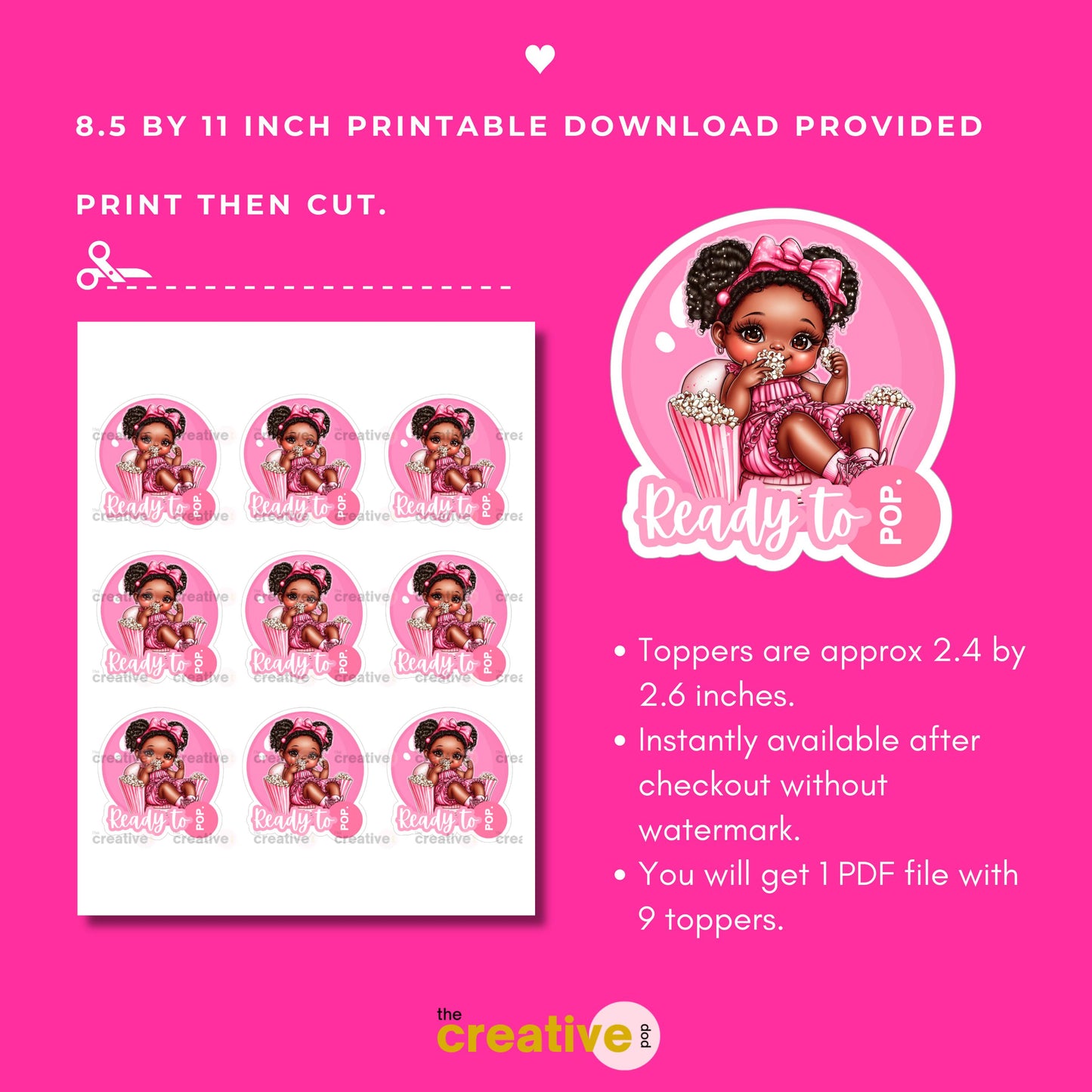 Ready to Pop! Printable Cupcake Toppers for Black Baby Shower, Popcorn, Pink Bubble Gum Favor Cutout