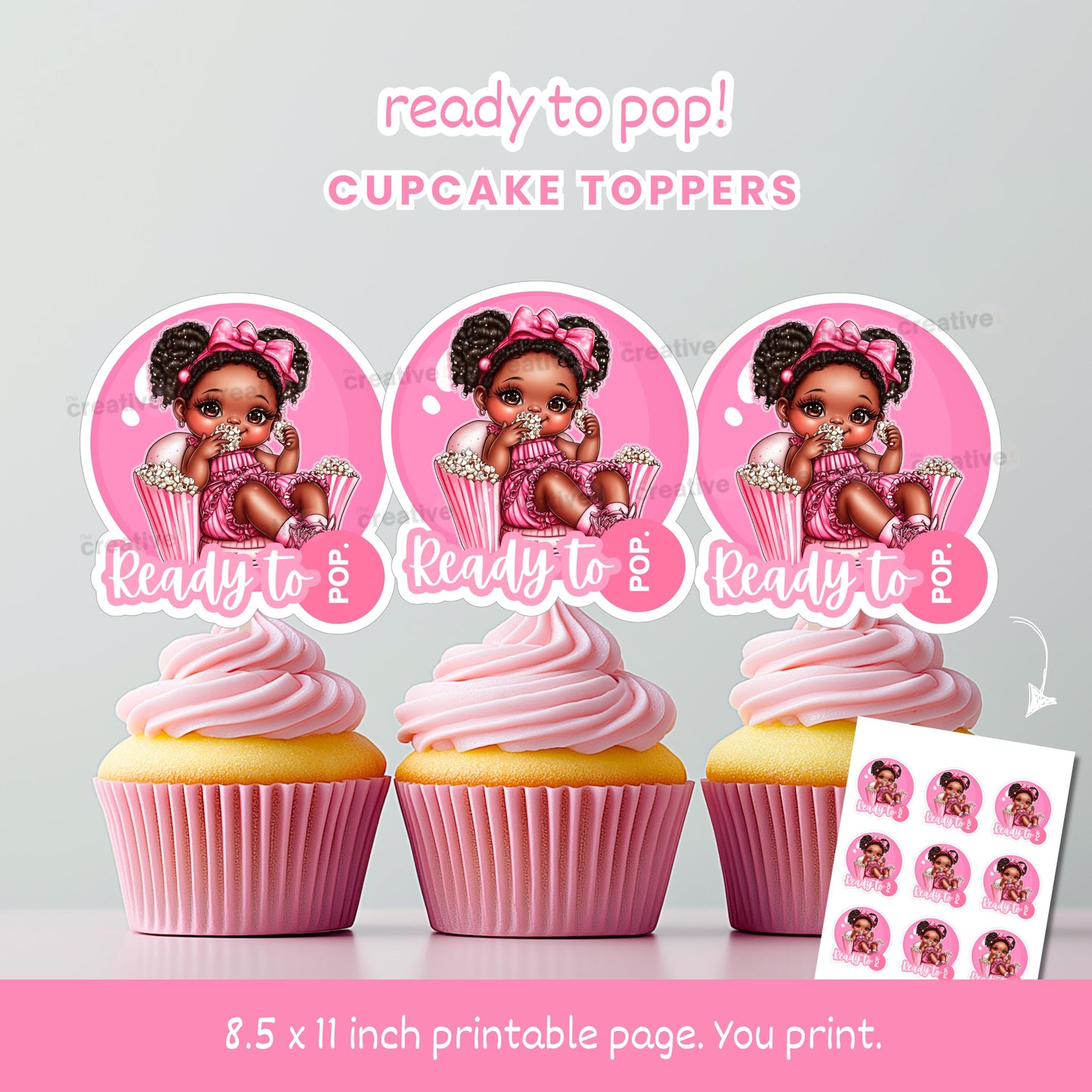 Ready to Pop! Printable Cupcake Toppers for Black Baby Shower, Popcorn, Pink Bubble Gum Favor Cutout
