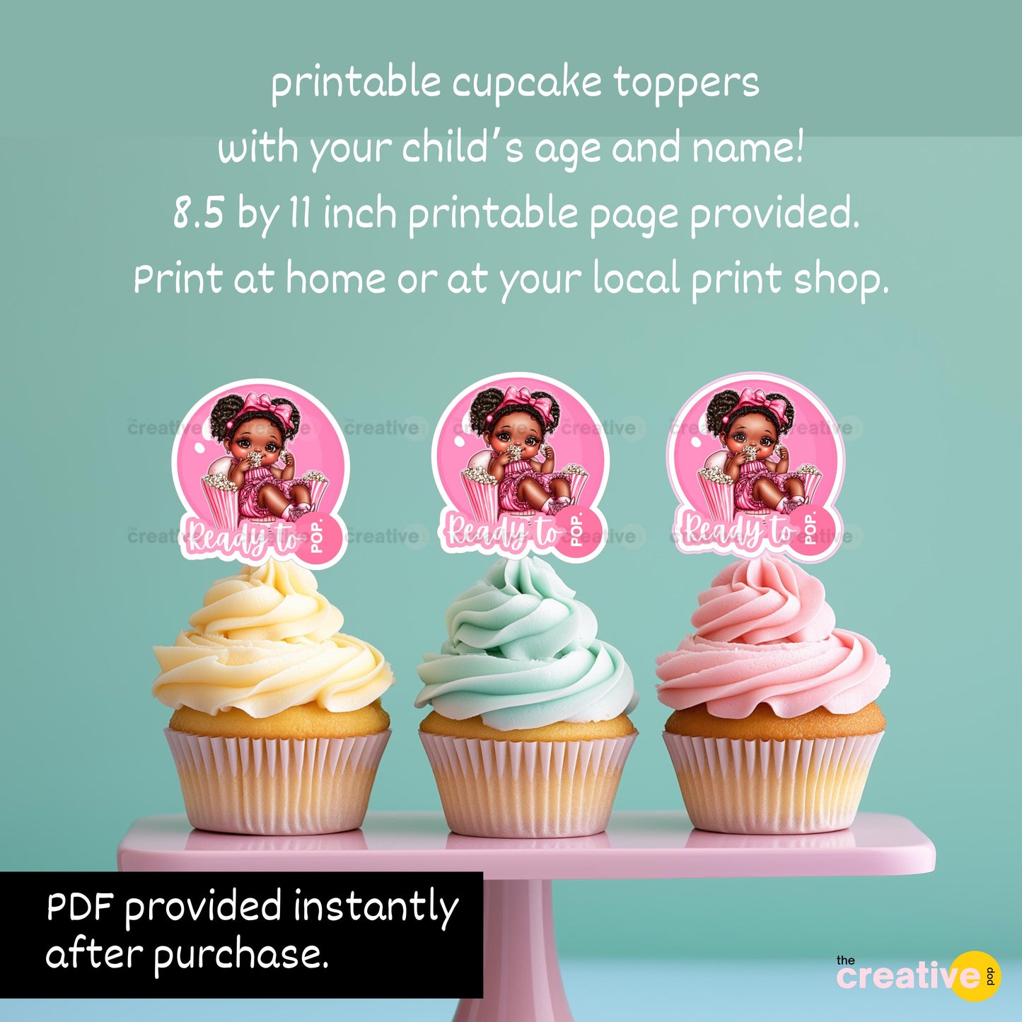 Ready to Pop! Printable Cupcake Toppers for Black Baby Shower, Popcorn, Pink Bubble Gum Favor Cutout
