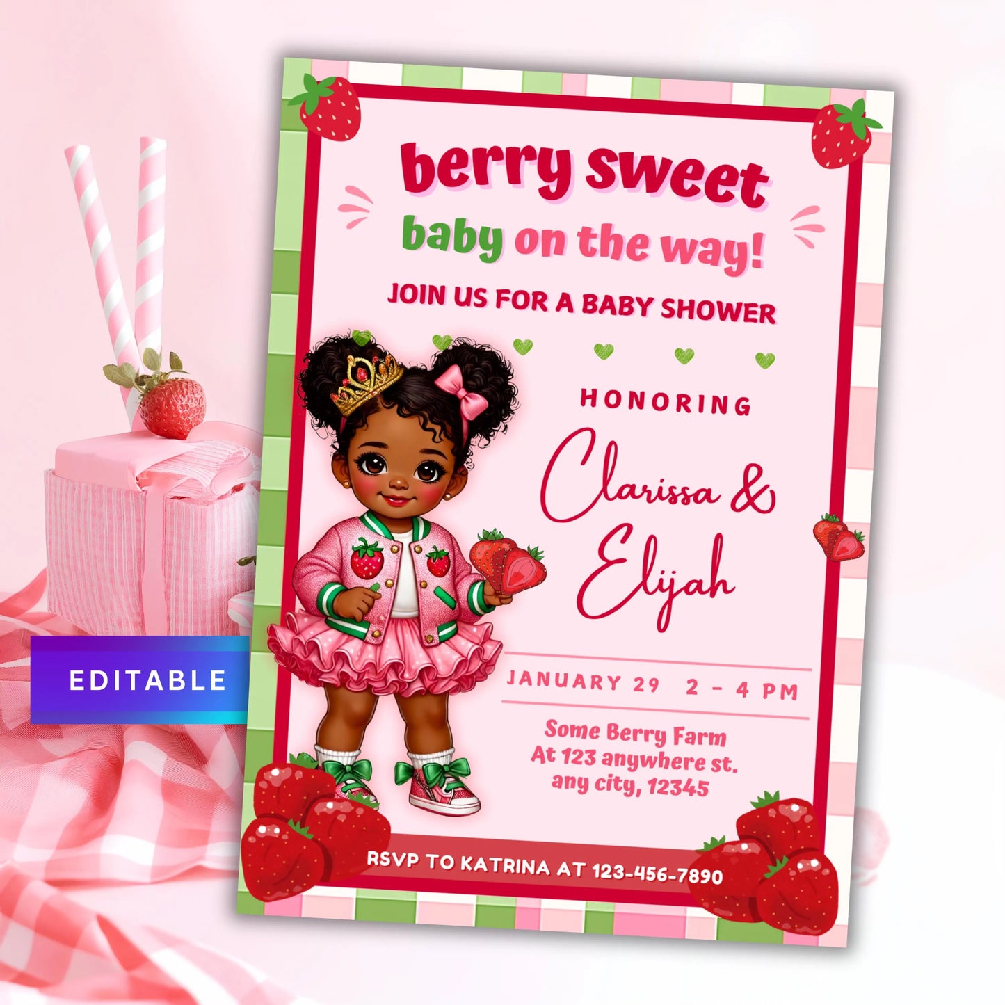 Berry Sweet Baby Shower Canva Template, 5x7 Strawberry Invite Edit, Afro Black Baby Girl Pink Green Editable Invitation, Short Little - CPJ-028