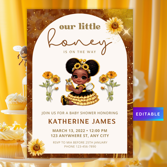 Honey Bee, Black Baby Shower Invitation Canva Template, Girl Yellow, Brown and Black, 5x7 - TCPT-011