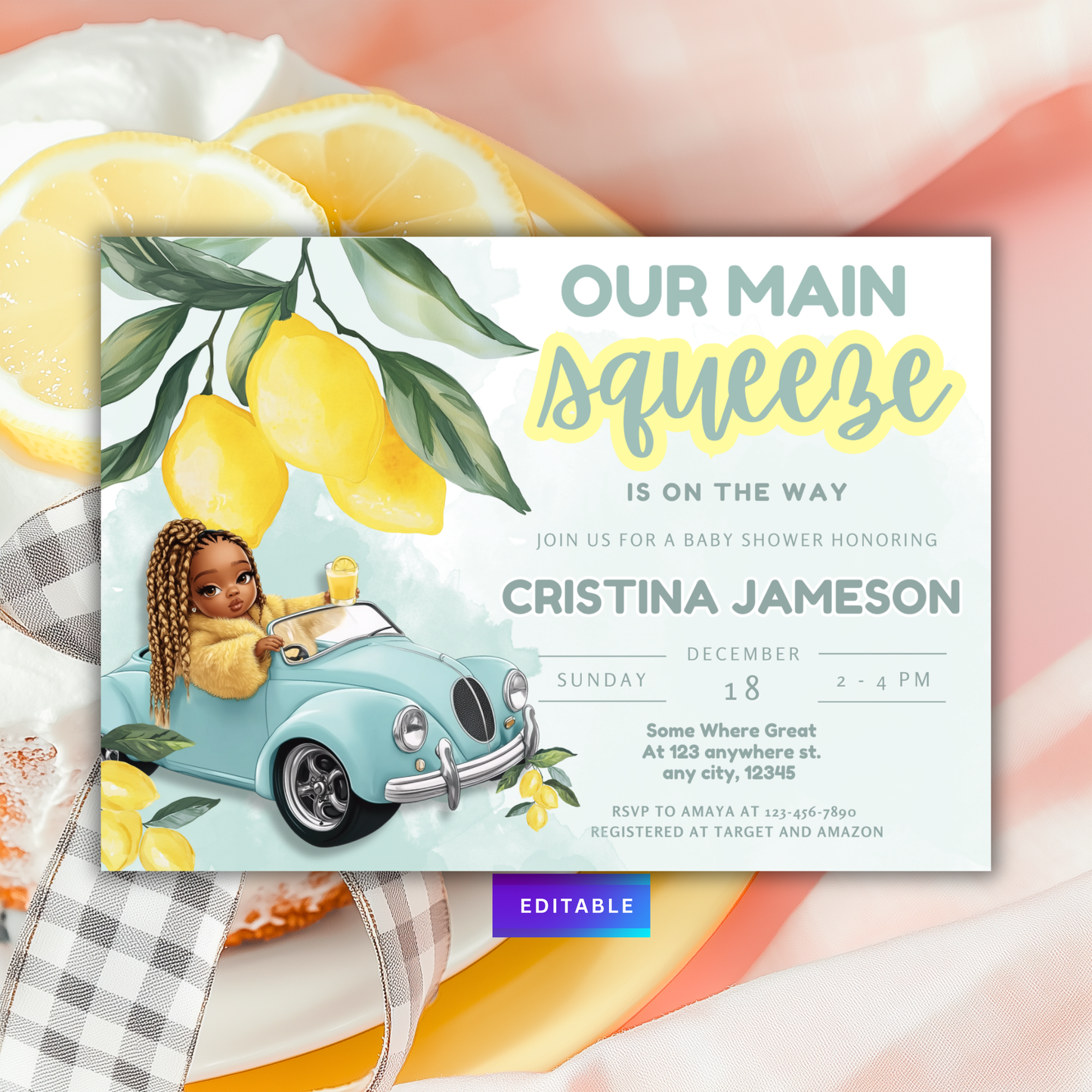 Main Squeeze Lemonade, Black Baby Shower Invitation Template, Edit in Canva, 5x7  Lemon Theme - TCPT-006