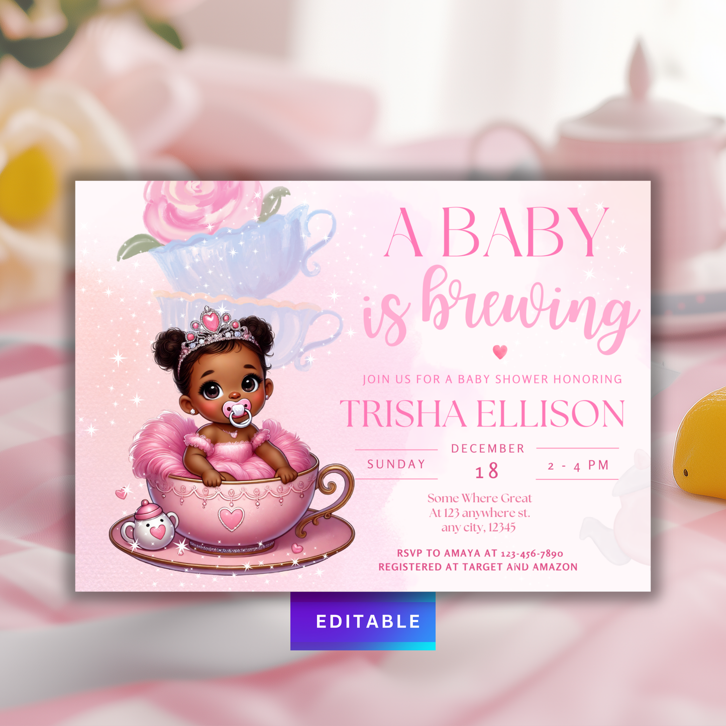 Tea Party Black Baby Girl Shower Invitation Template, Edit in Canva, 7x5 - TCPT-016