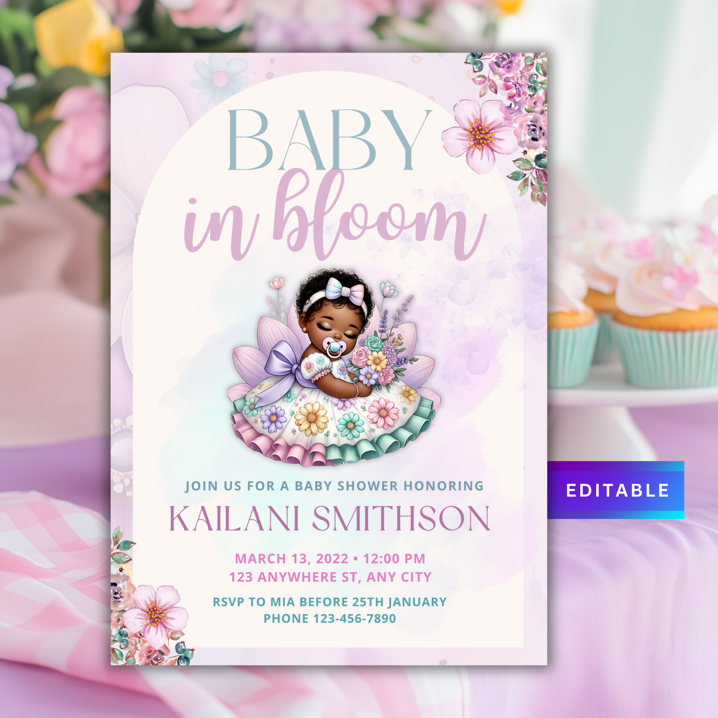 Baby in Bloom, Flower Baby Shower Invitation Template for Black Babies, Edit in Canva, Flower Spring Pastel Theme 5x7, - TCPT-009
