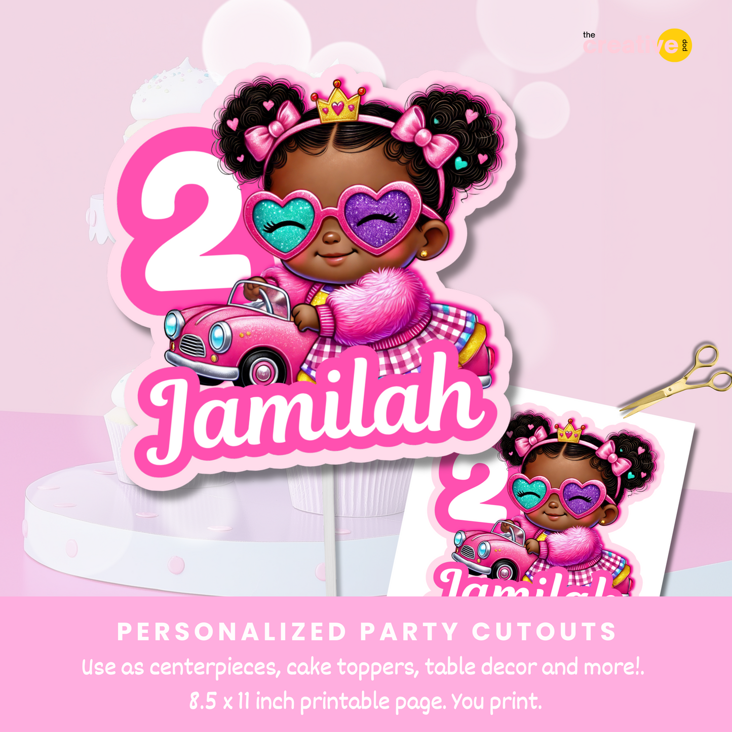 PRINTABLE Black Doll Birthday Theme Table Cutouts - Pink Girl Custom Decor Centerpieces Personalized - One Sided, Ready in 24 hrs