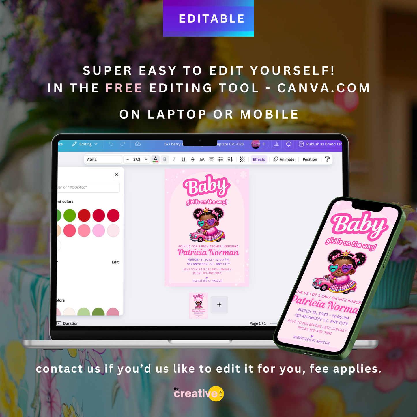 Doll Themed Baby Shower Invitation Template for Black Babies, Hot Pink Glitter, Edit in Canva, 5x7, - TCPT-017