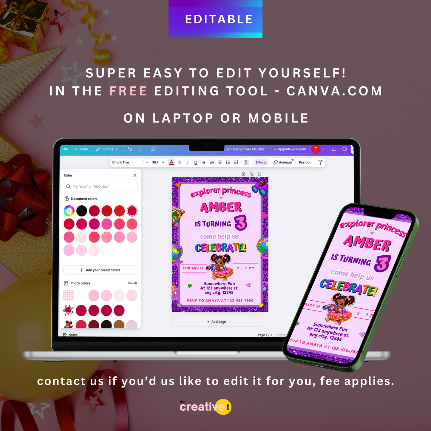 Editable Explorer Birthday Invitation Template, 5x7 The Little Black Girl Exploring Travel Princess n Purple and Orange, Easy Edit Invite