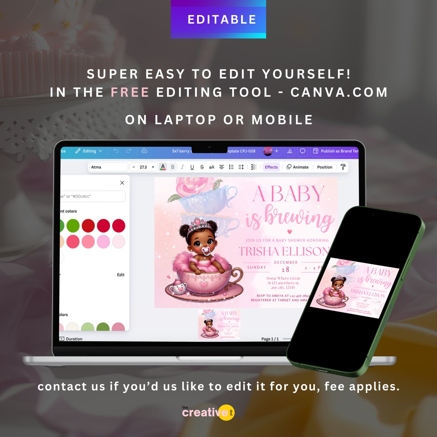 Tea Party Black Baby Girl Shower Invitation Template, Edit in Canva, 7x5 - TCPT-016