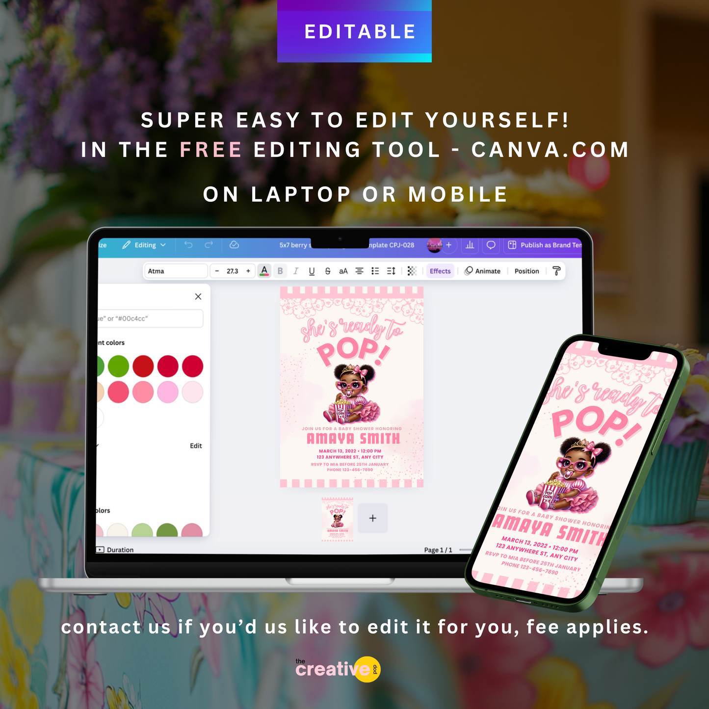 Ready to Pop! Popcorn Baby Shower For Black Girl Invitation Canva Template for Black Babies, Edit in Canva, 5x7 - TCPT-012