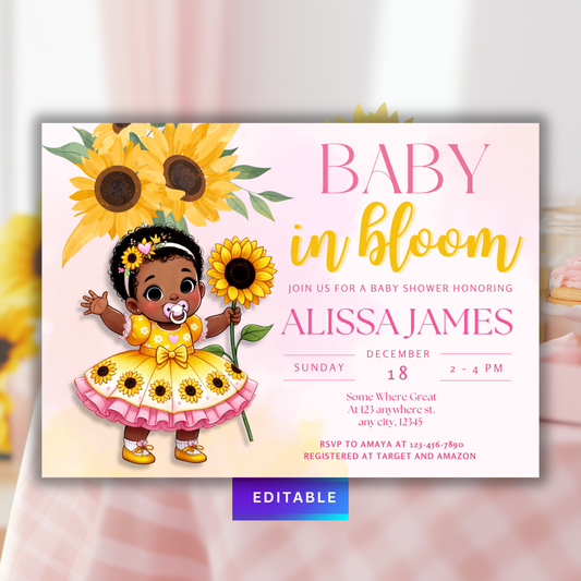 Sunflower Baby Shower Invitation, Black Baby Girl Canva Template, Yellow, Brown and Black, 5x7 - TCPT-015