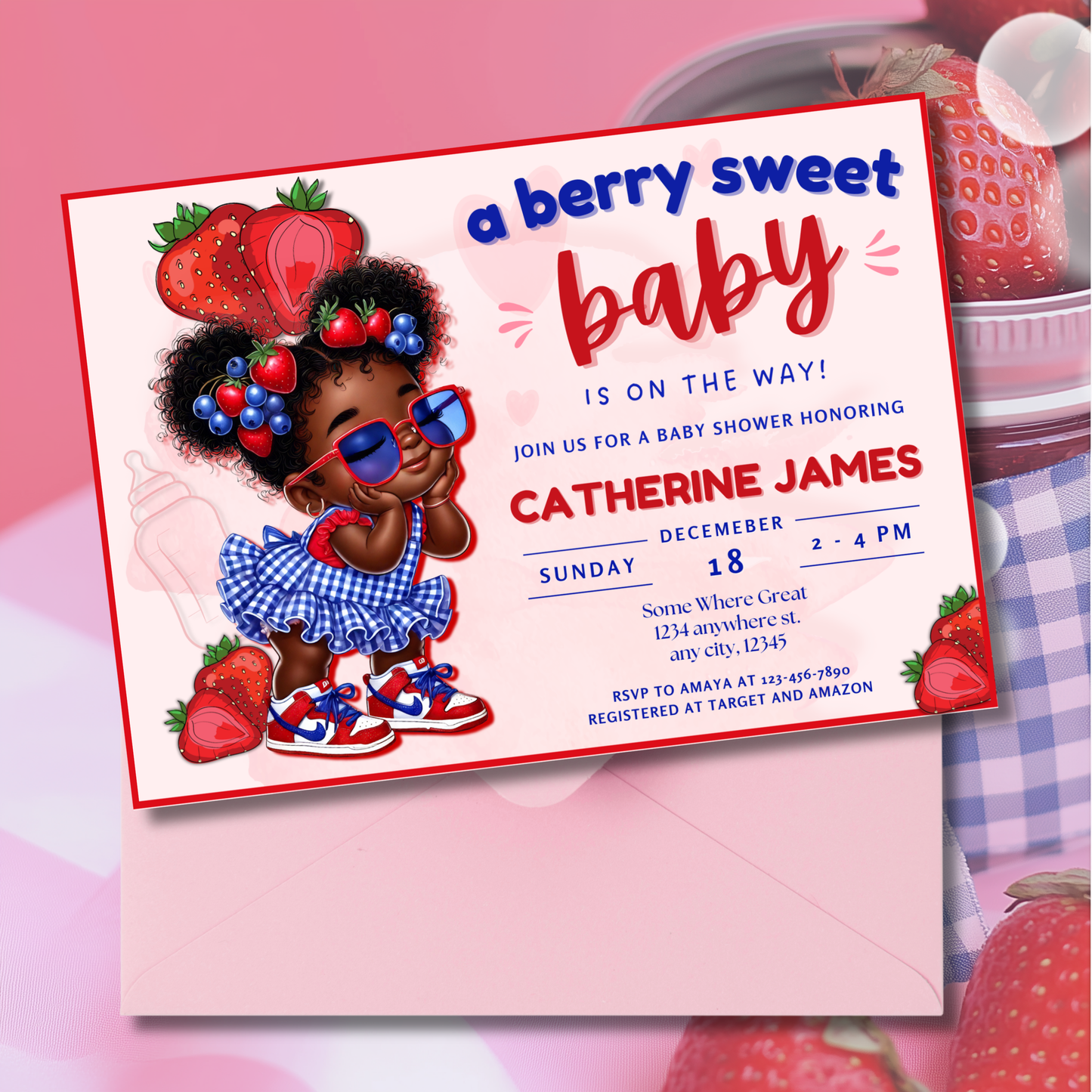 Blueberry Strawberry Baby Shower - Black Girl Berry Sweet Canva Invitation Template, Editable, 5x7 TCPT-014