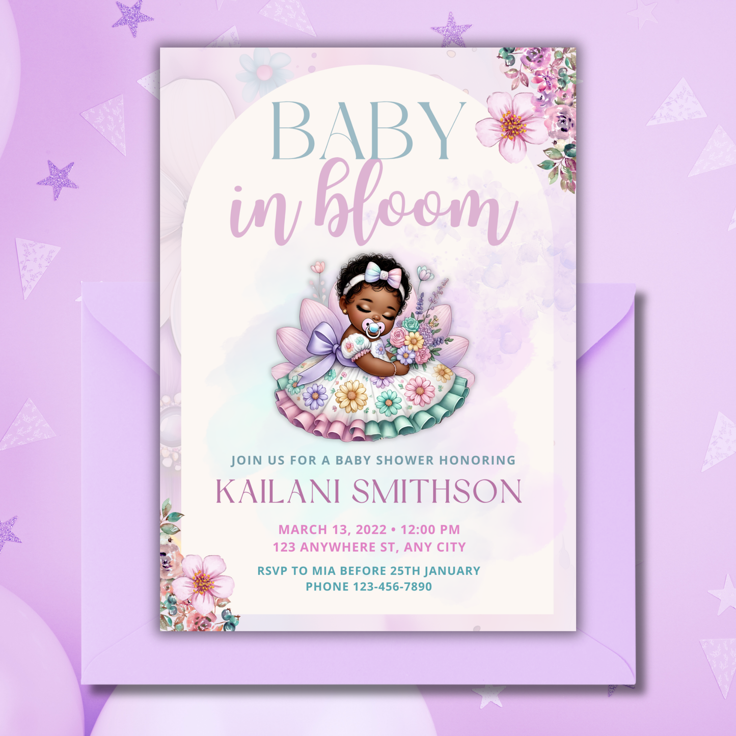 Baby in Bloom, Flower Baby Shower Invitation Template for Black Babies, Edit in Canva, Flower Spring Pastel Theme 5x7, - TCPT-009