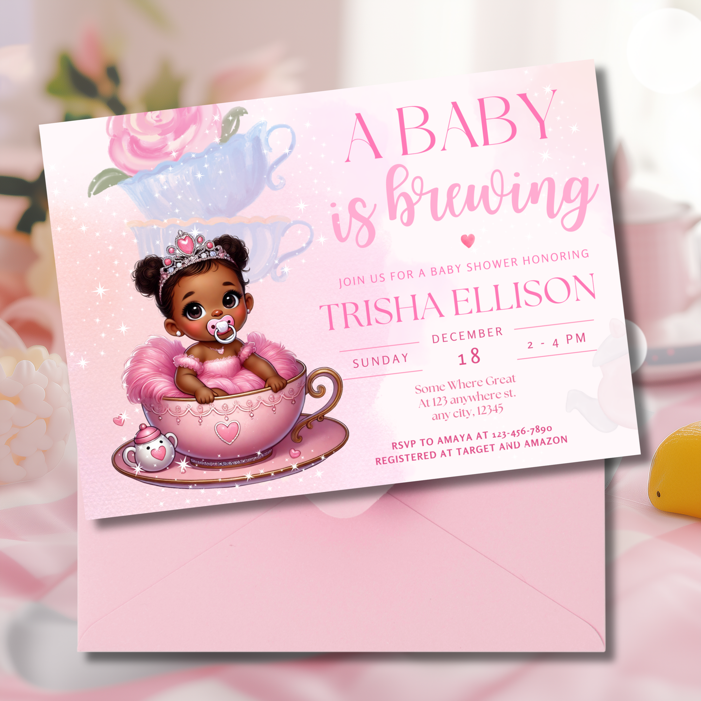 Tea Party Black Baby Girl Shower Invitation Template, Edit in Canva, 7x5 - TCPT-016