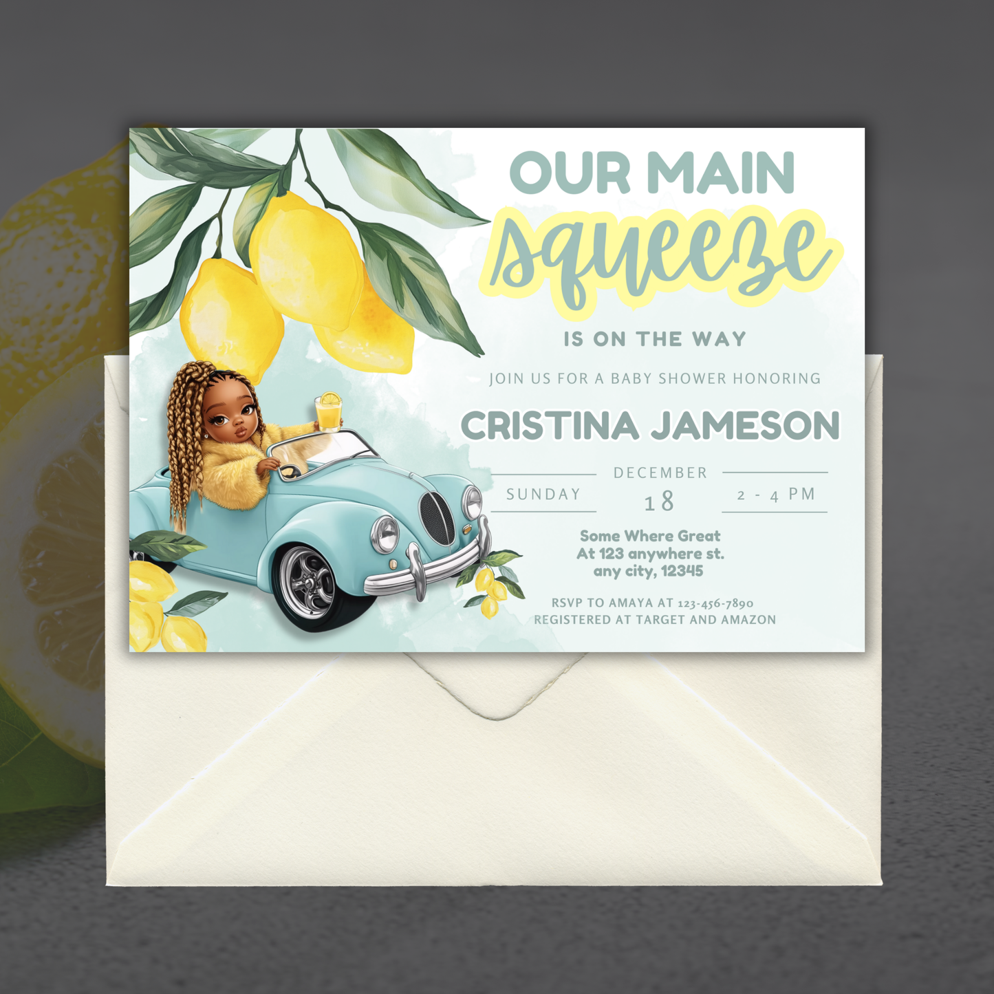 Main Squeeze Lemonade, Black Baby Shower Invitation Template, Edit in Canva, 5x7  Lemon Theme - TCPT-006