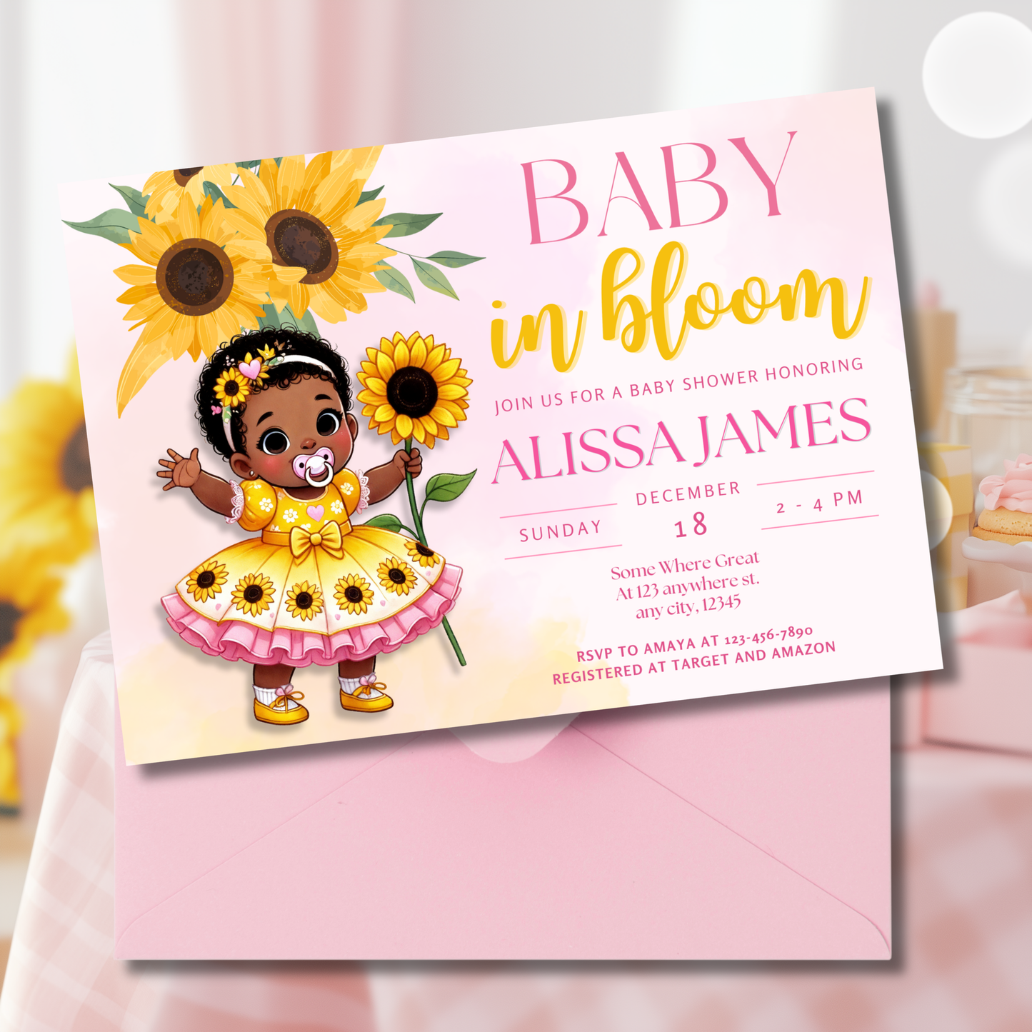 Sunflower Baby Shower Invitation, Black Baby Girl Canva Template, Yellow, Brown and Black, 5x7 - TCPT-015