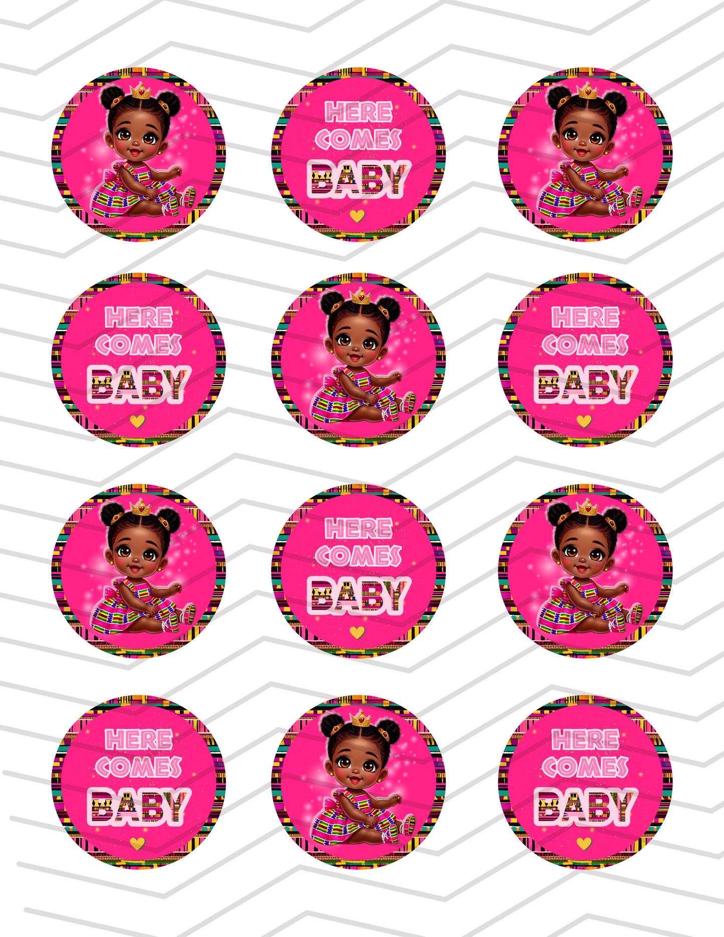 African Baby Shower Kente Cloth Design - Printable 12 Cupcake Topper Instant Black Girl