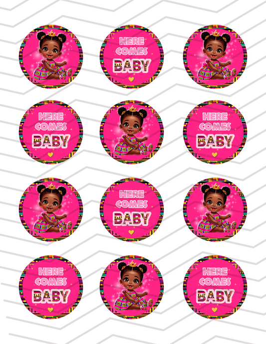 African Baby Shower Kente Cloth Design - Printable 12 Cupcake Topper Instant Black Girl