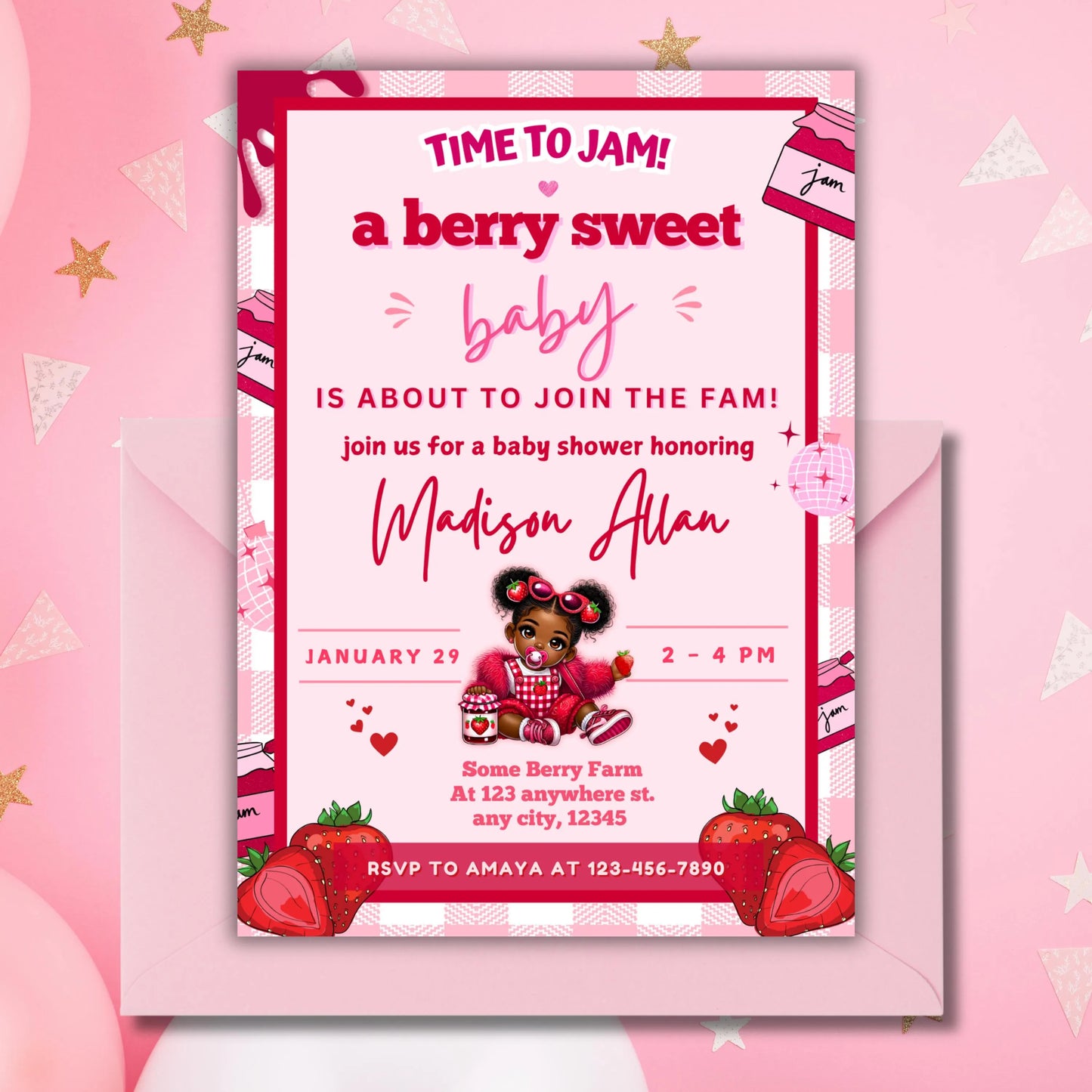 Black strawberry baby invitation template girl baby shower invite