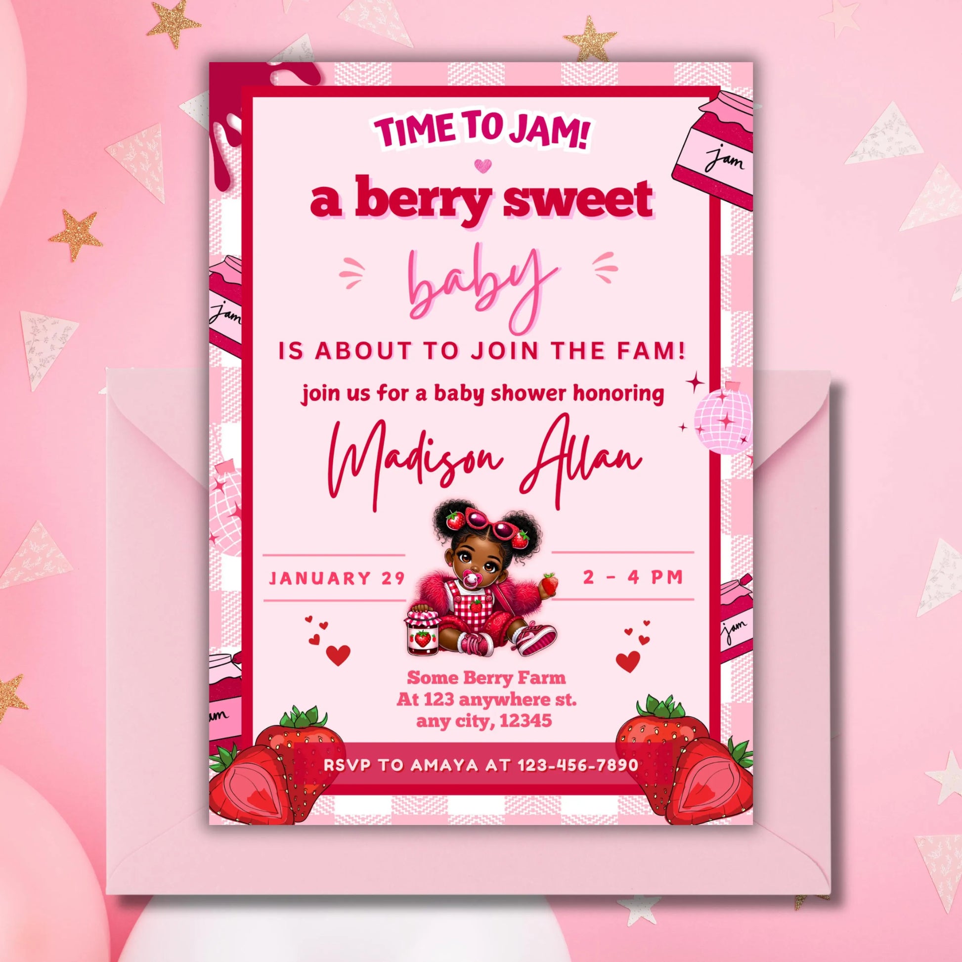 Black strawberry baby invitation template girl baby shower invite