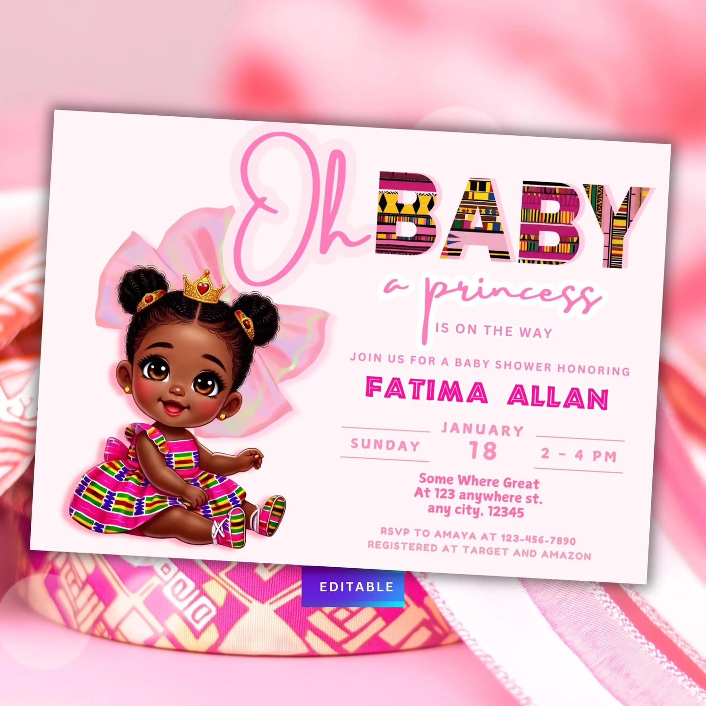 african girl baby shower kente cloth invitation template editable in canva