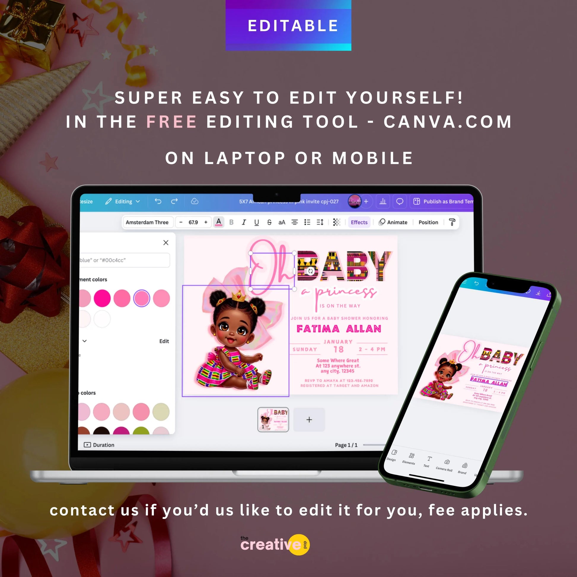 african girl baby shower kente cloth invitation template editable in canva demo