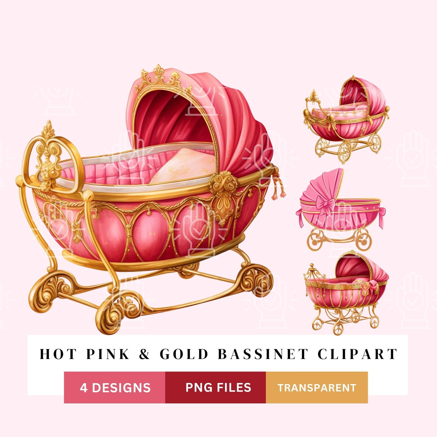 Baby Shower Element Clipart, Hot Pink Baby Girl Gold Bassinet, 4 PNG
