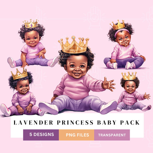 Casual Black Princess in Purple, 5 PNG Files, Black Baby Girl Clipart