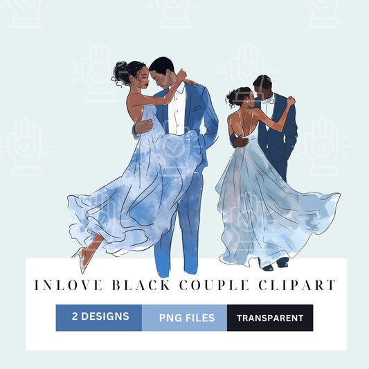 Black Couple Watercolor Clipart, 2 PNG, Dusty Blue Black Love, Wedding Art