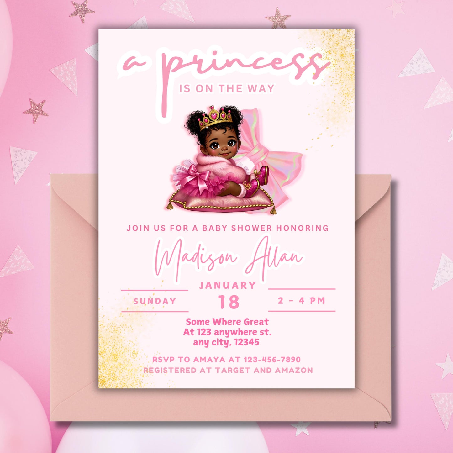 black princess baby shower editable canva template light pink. and pink - she is sitting on a pillow