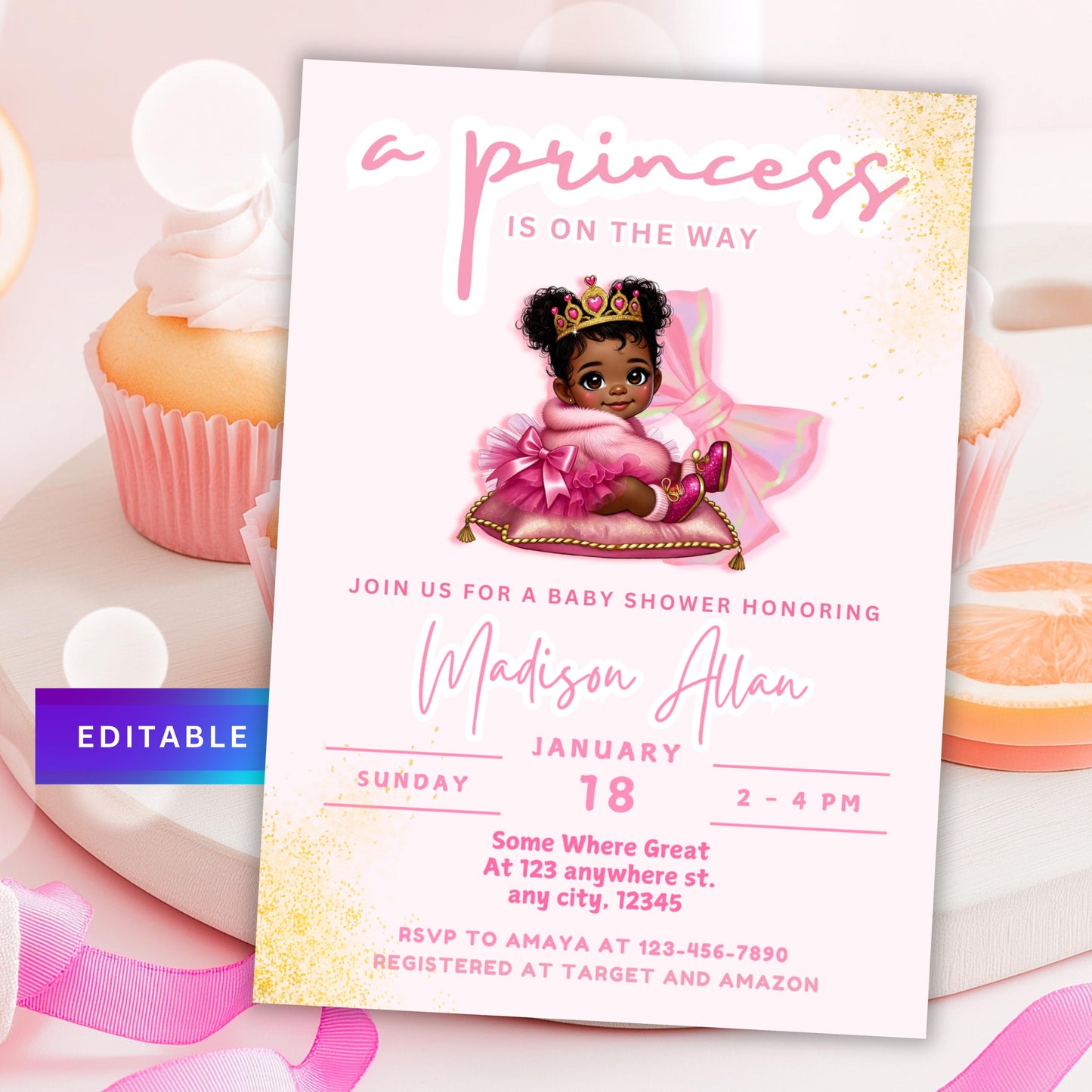 black princess baby shower edtable template