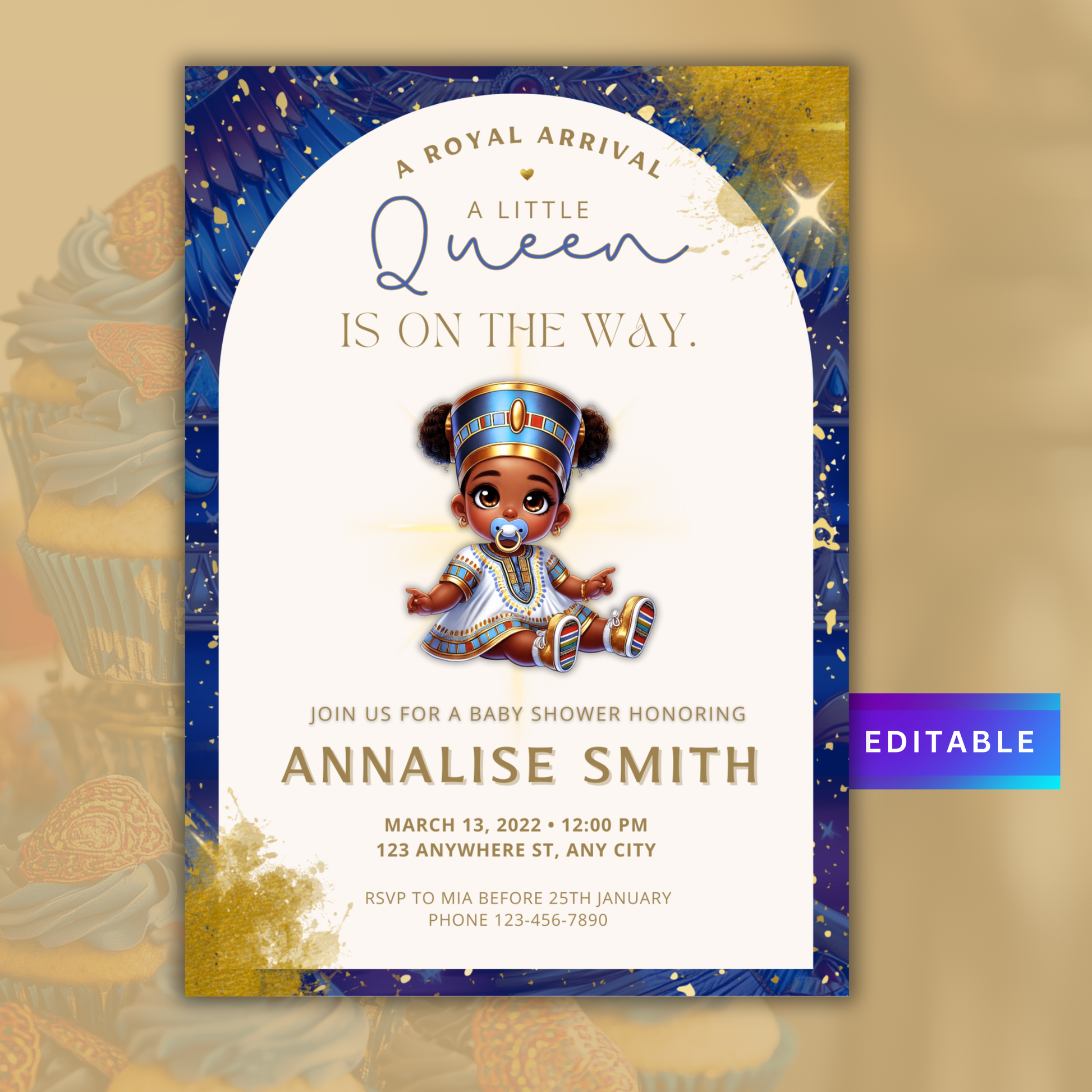 Egyptian Baby shower invite
 , queen nefertiti baby shower editable canva template