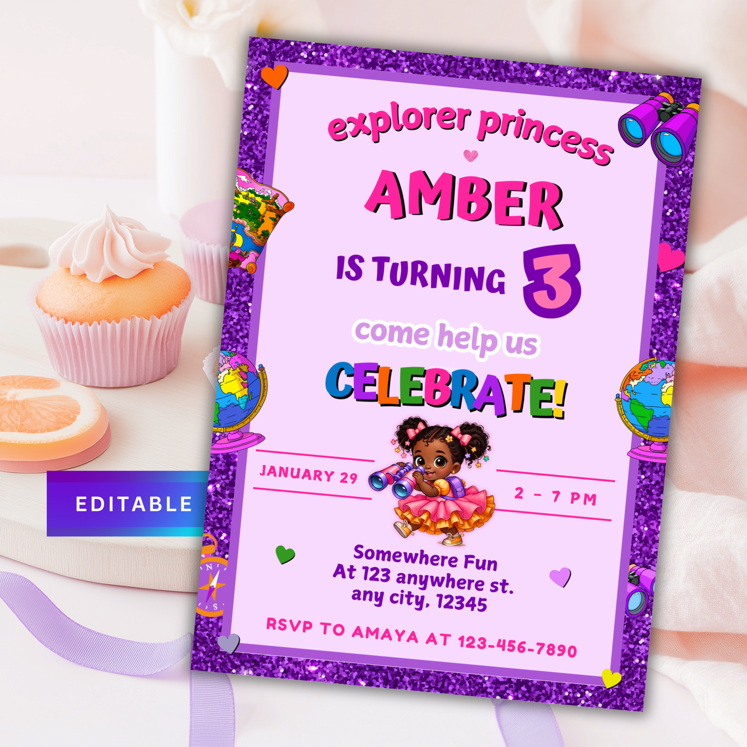 explorer girl birthday template editable black version