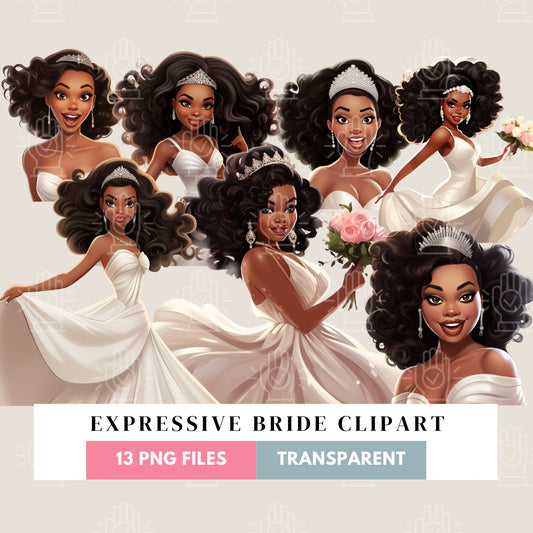 Funny Black Bride Clipart, 13 PNG, Expressive Wedding Cartoon