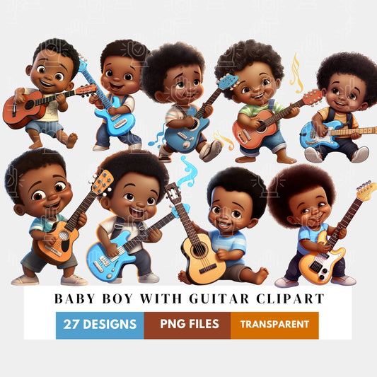 Black Boy Playing Guitar Clipart, PNG Megabundle