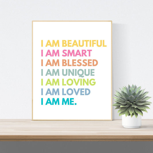 Kids Printable Art: Girls I AM Affirmations - Beautiful Blessed - Wall Art, Nursery Decor,  *Instant Download *