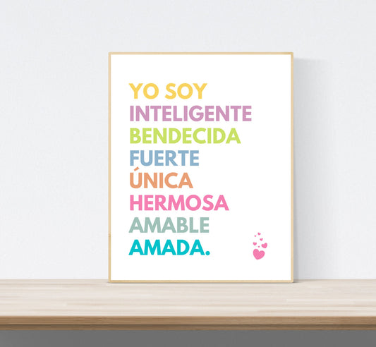 Spanish Kids Printable Art: Girls Affirmation Soy Hermosa Kids Affirmation Inspirational Art *Instant Download*