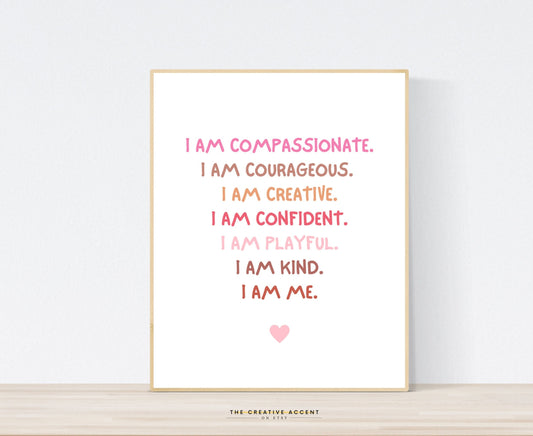 Kids Printable Art: Kids Affirmations - I AM Compassionate, Courageous- Wall Art, Nursery, Playroom Decor, *Instant Download