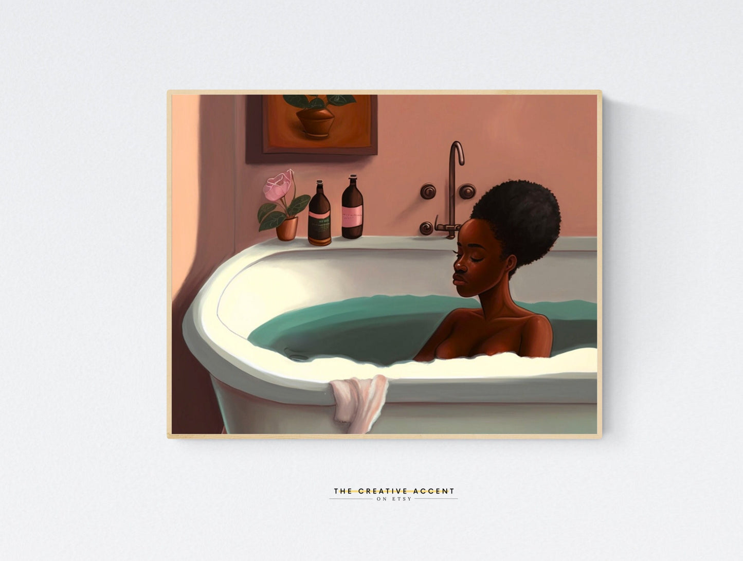 Black woman in bathtub, Bathroom wall art, Printable Painting Black Girl, Wall Art, Bath African-American Art, Pink, Teal, Afro Hair, Modern