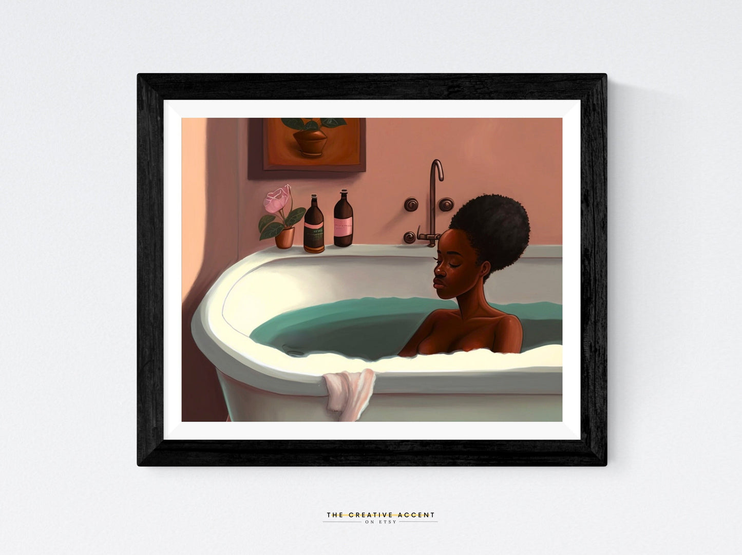 Black woman in bathtub, Bathroom wall art, Printable Painting Black Girl, Wall Art, Bath African-American Art, Pink, Teal, Afro Hair, Modern