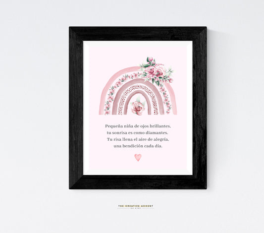 Spanish Girls Wall Art: Pequeña Princesa Poem, Watercolor rainbow, flowers, heart, Pink Poster, Princess Decor, Kids Playroom