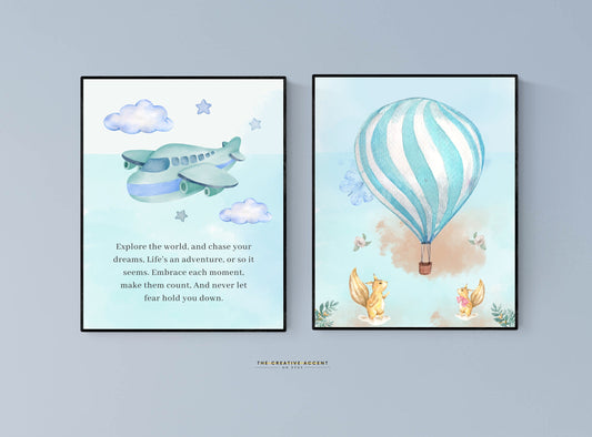 Boys Chase Your Dreams Poem, Wall Art: 2 Set, Watercolor Airplane, Hot Air Balloon, Bunny Poster, Kids Decor, Blue & Teal, Instant Download