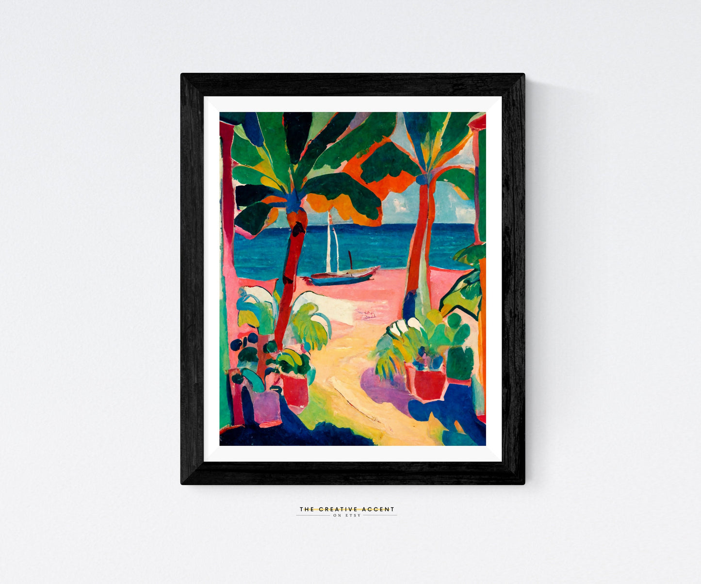 Colorful Beach in the Caribbean, Printable Painting, Caribbean Art, Black Art, Tropical decor, Palm trees, Tropics Wall art