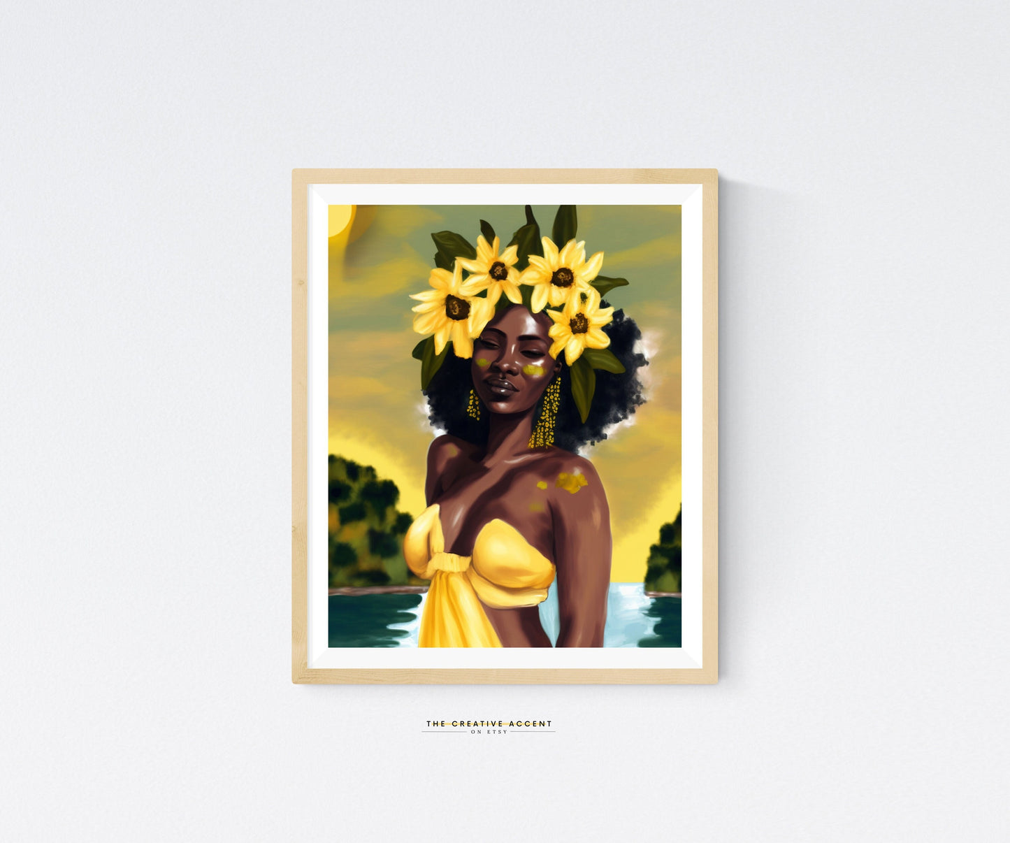 Oshun, Black Yoruba Goddess, Woman in River Printable, Yellow sunflowers wall art painting, Afro-diaspora Decor, Natural Queen Ochun, Orisha