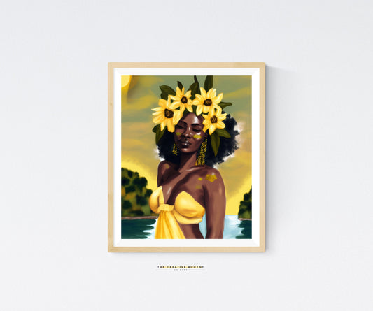 Oshun, Black Yoruba Goddess, Woman in River Printable, Yellow sunflowers wall art painting, Afro-diaspora Decor, Natural Queen Ochun, Orisha