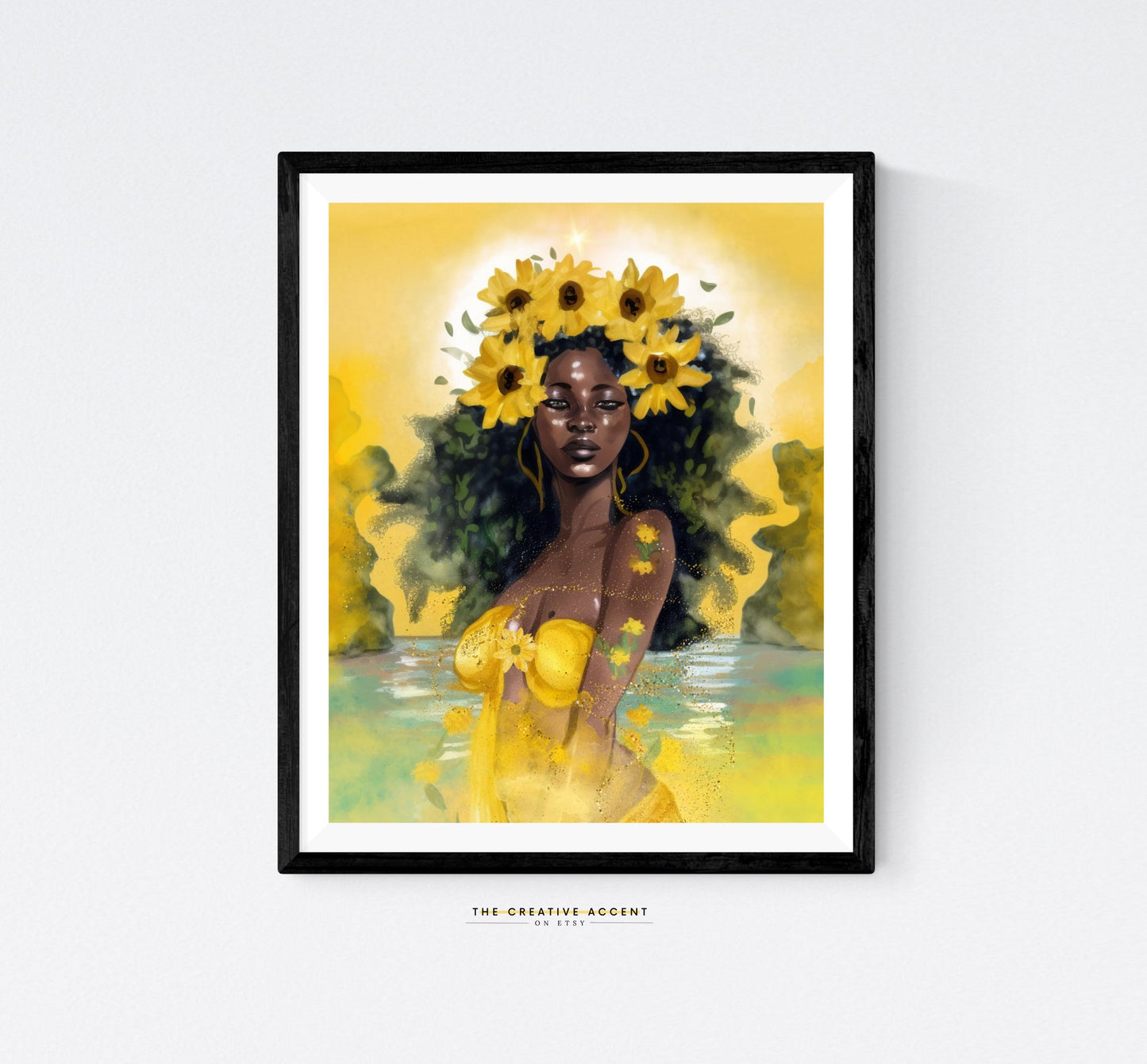 Oshun Wall Art, Black Woman Printable, Sunflowers wall art, African goddess art, black art, Black girl Flower