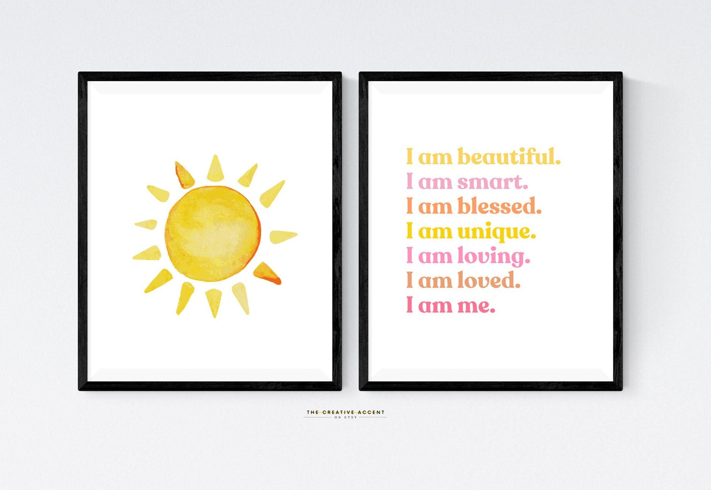 Girls Sunshine Affirmations: 2 Set Printable Wall Art - Watercolor sun, "I am" Poster, Room Decor, Positive Reminders, Yellow and Pink