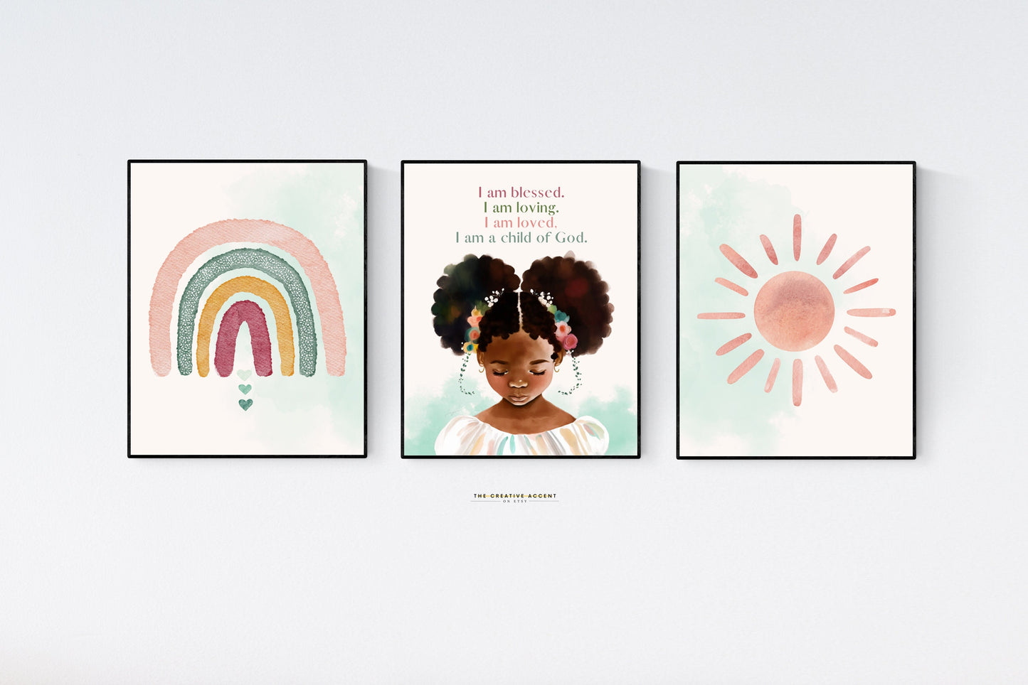 Black girl wall art, Printable Afro decor, Child of God, Rainbow, Sun, Little girl affirmations