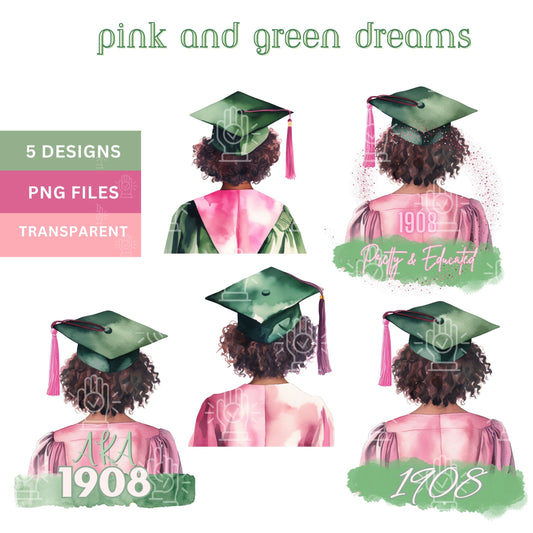 Pink and Green Soror Woman Graduation Clipart, 5 PNG Files, Pink and Green 1908 Colors