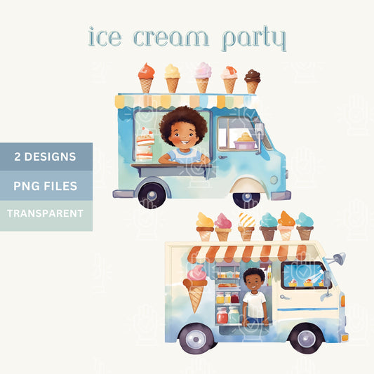 Ice Cream Party Black Boy Clipart, Little kid In Ice Cream Truck, Watercolor PNG, Dessert Decor Clipart, Toddler, Sundae Kids Birthday